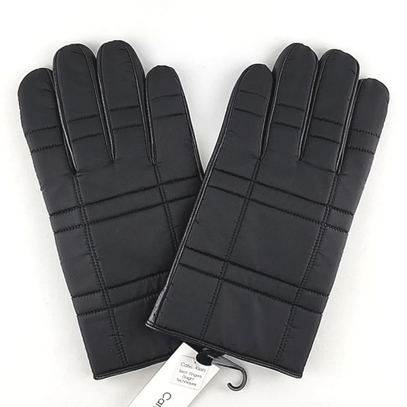 Calvin Klein Men's Black Leather Nylon Winter Insulated Gloves Touchscreen Large - Picture 1 of 9